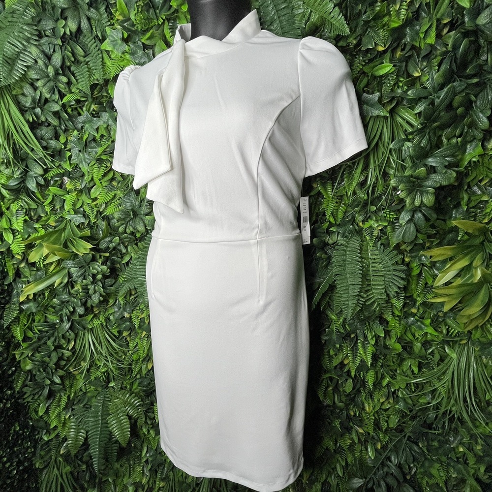GLAMOUR Dress Women 10 White High Neck Short Sleeve Sheath Party Work NWT 0886